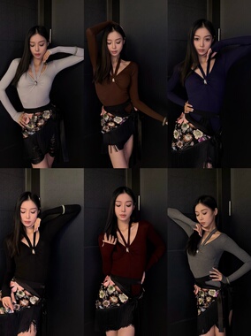 Loyal拉丁舞服长袖V领上衣挂脖黑棕灰酒红藏蓝色练舞表演教课女士