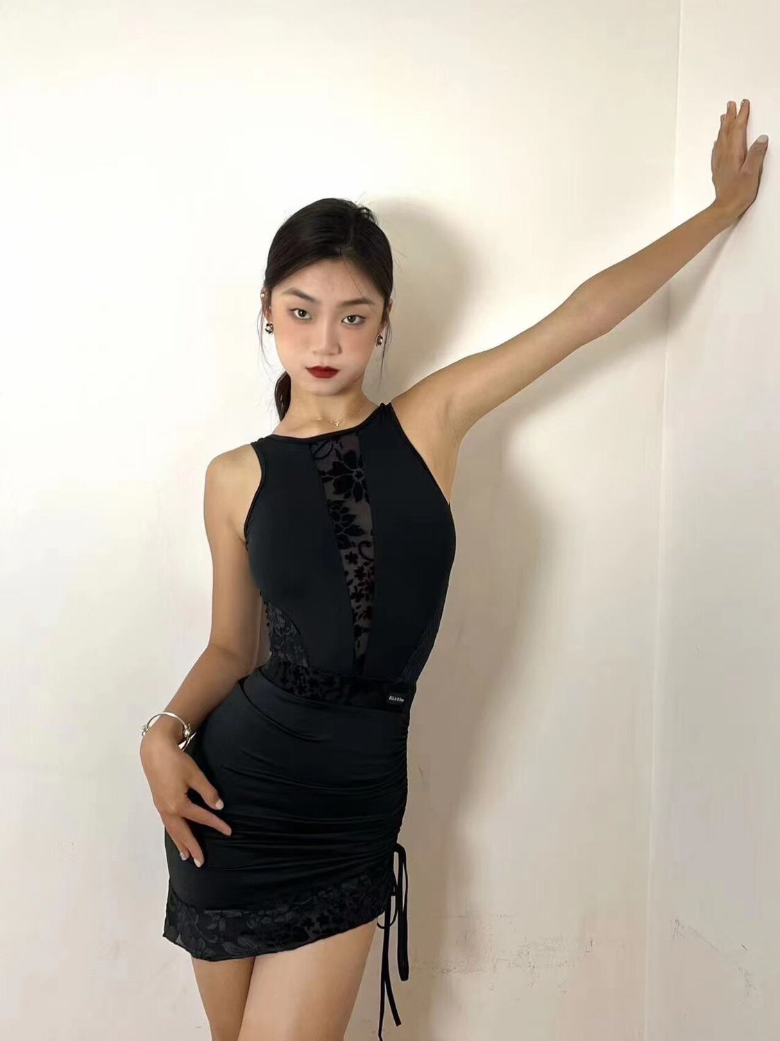 Ella-d拉丁舞服套装法式植绒拼接连体衣抽绳半裙露背显瘦练舞表演