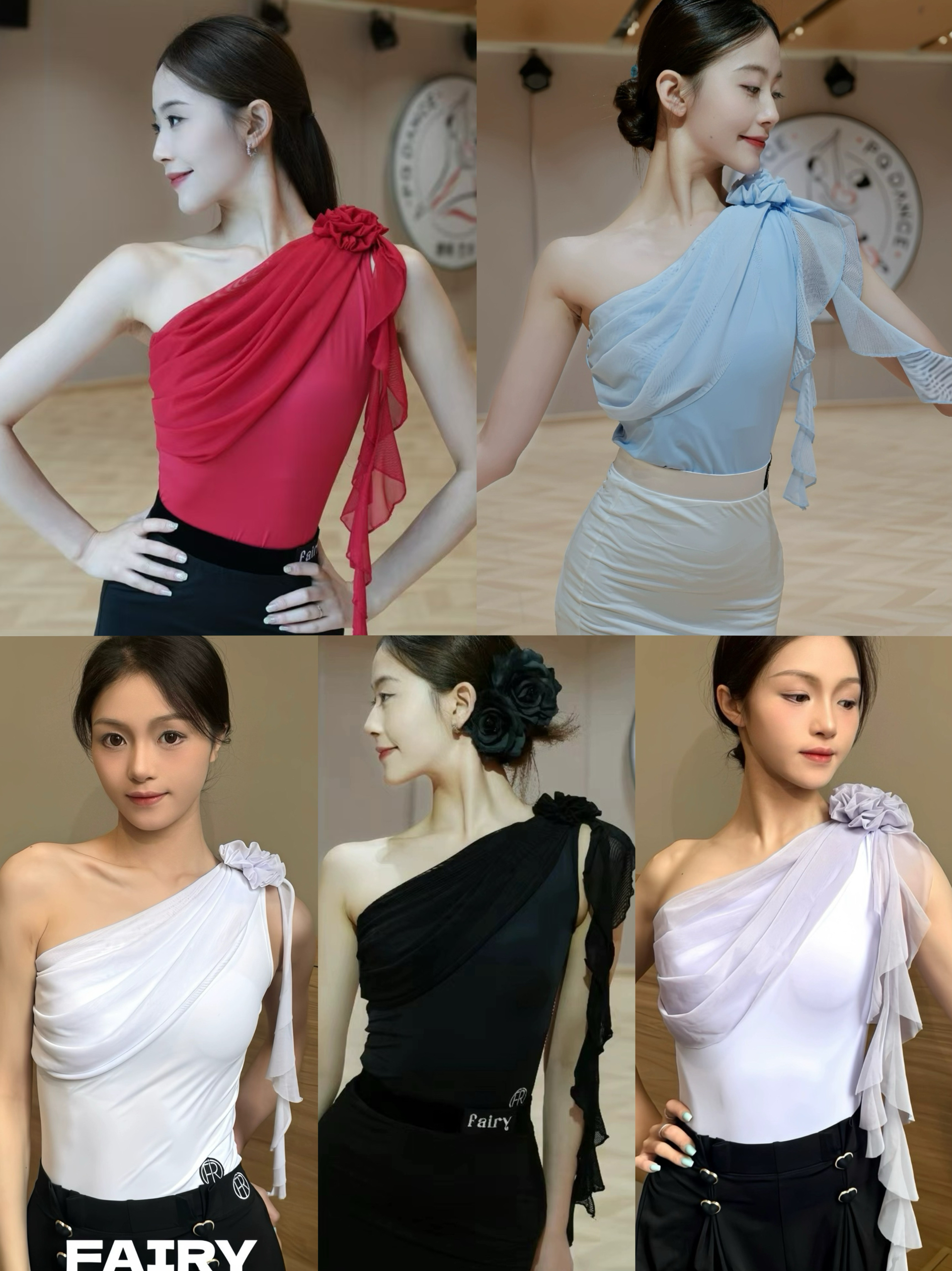 Fairy拉丁舞服单肩斜肩无袖上衣花朵网纱白蓝紫色练舞艺考表演女