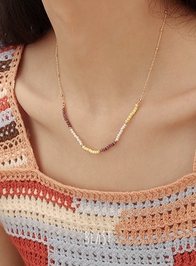 ins温柔猫眼石珍珠紫色项链镀金