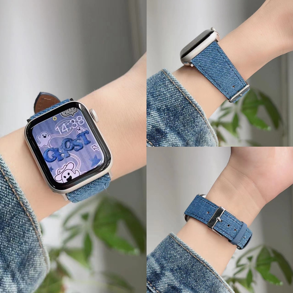 IWUJIAO适用苹果手表带iwatch s8 9 7 5 4 3 2 1 6 se牛仔布真皮38mm 42mm 44mm 41mm 40 45mm ultra 49mm-封面