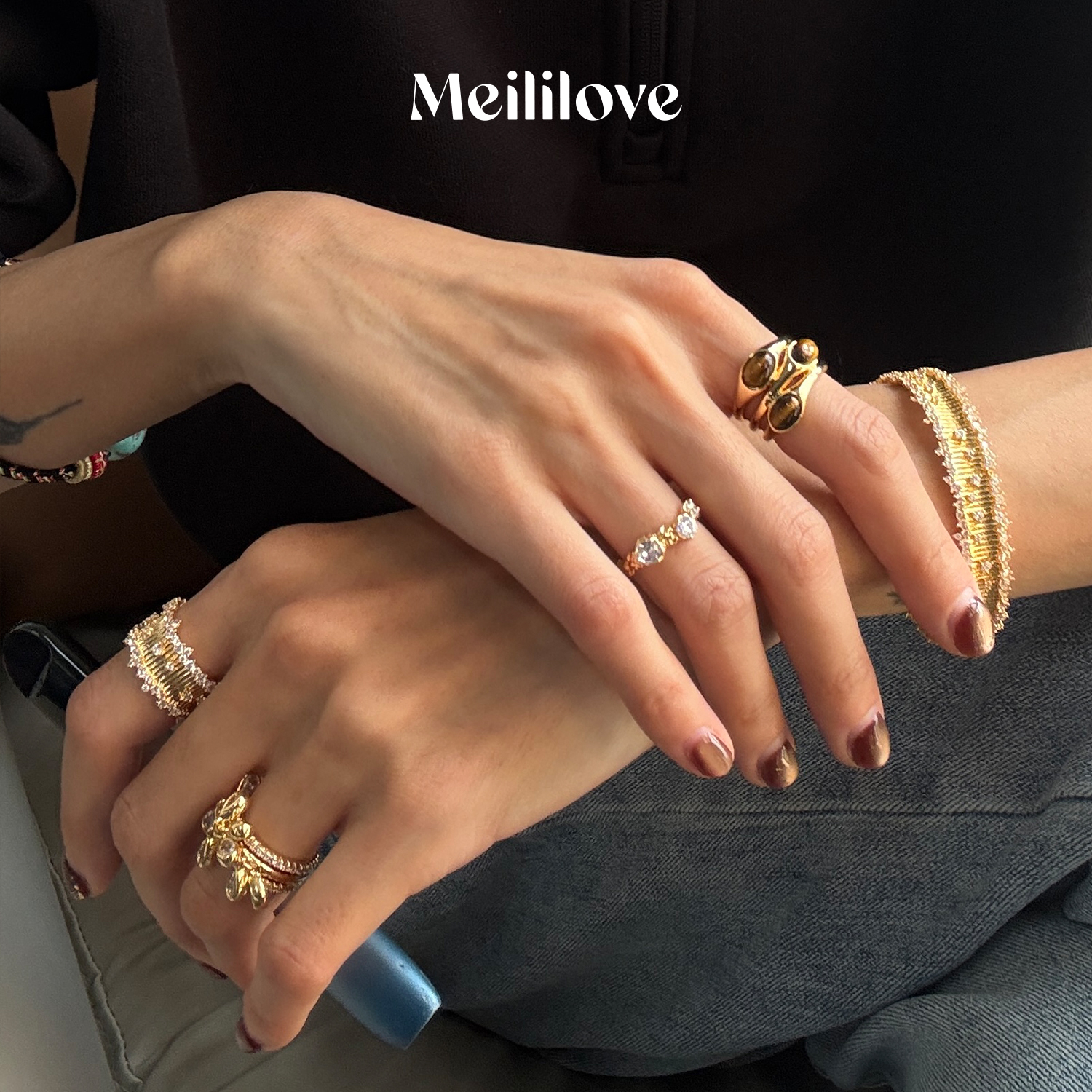 莓拉张靓颖同款「星辰」戒指925银饰碎闪金色开口戒生日礼物