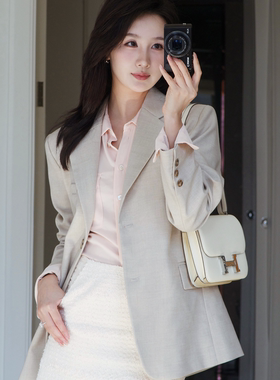 PEACHES ALL DAY书卷气质超百搭米灰抗皱西装显瘦通勤宽松外套秋