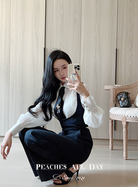 PEACHES ALL DAY斯文女怪物意大利进口条纹面料拼醋酸连体西装裤