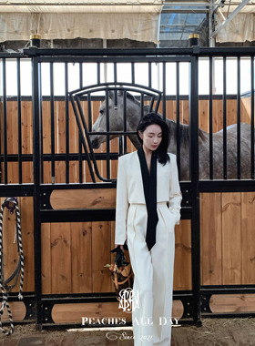 PEACHES ALL DAY女ALPHA哲学 通勤气质拼色短西装直筒裤两件套装