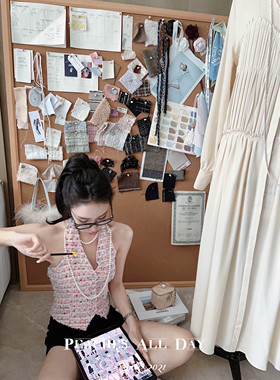 PEACHES ALL DAY日本真丝粗花呢du家小香风少女挂脖露背马甲上衣