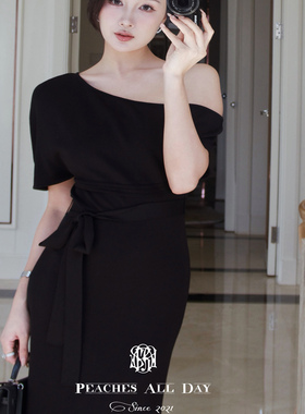 PEACHES ALL DAY约会战裙du家姐感斜肩露肩包身优雅性感开叉长裙