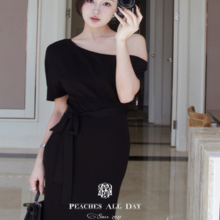 PEACHES DAY约会战裙du家姐感斜肩露肩包身优雅性感开叉长裙 ALL