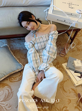 PEACHES ALL DAY薄荷西柚 du家一字肩露肩泡泡袖甜妹衬衫上衣抹胸