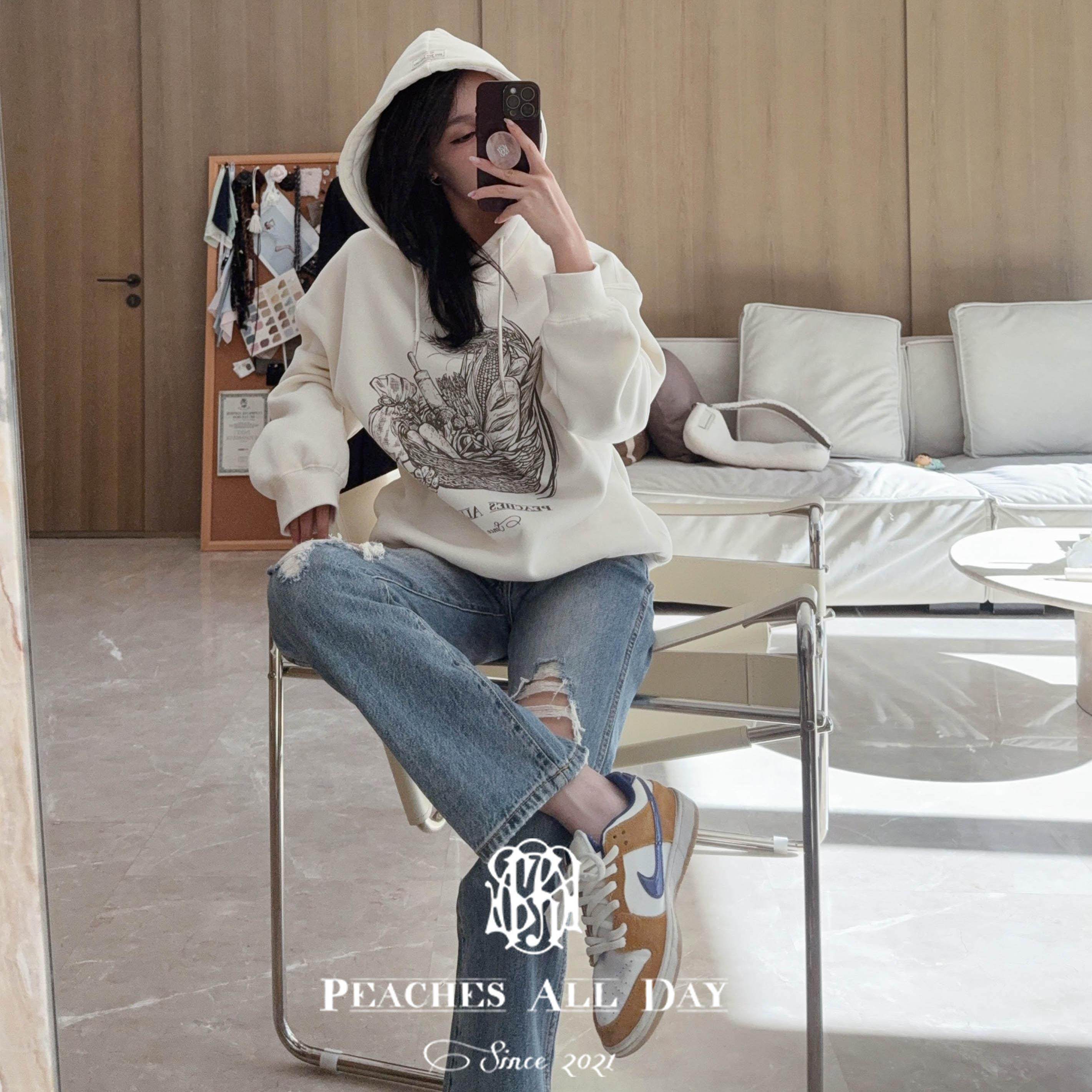 PEACHES ALL DAY原创手绘Simple Life休闲加绒卫衣帽衫