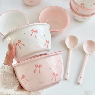 奶油蝴蝶结少女家用陶瓷釉下彩高颜值餐具饭碗甜品碗可爱 碗勺