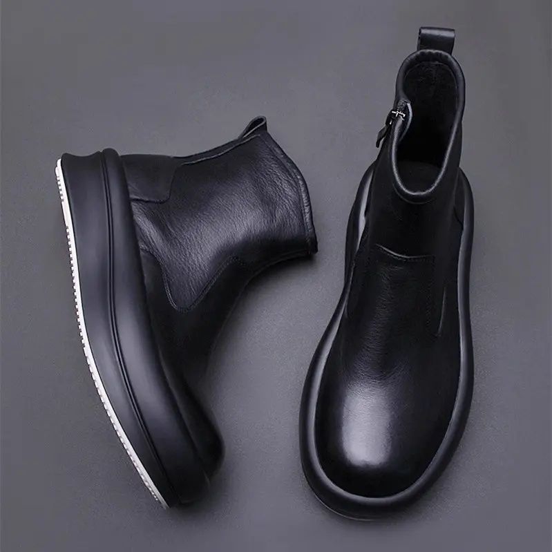 欧洲站冬季厚底靴子真皮马丁靴潮流切尔西靴高帮皮鞋 240908