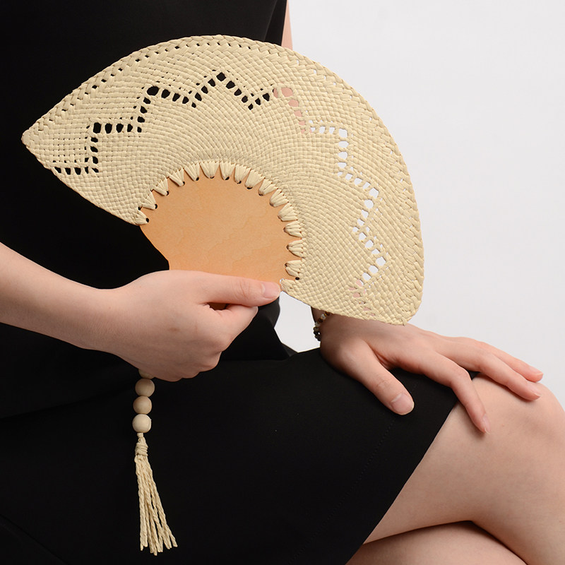 oakliving度假风灯芯草手工编织扇子高级感珠子流苏装饰搭配非遗