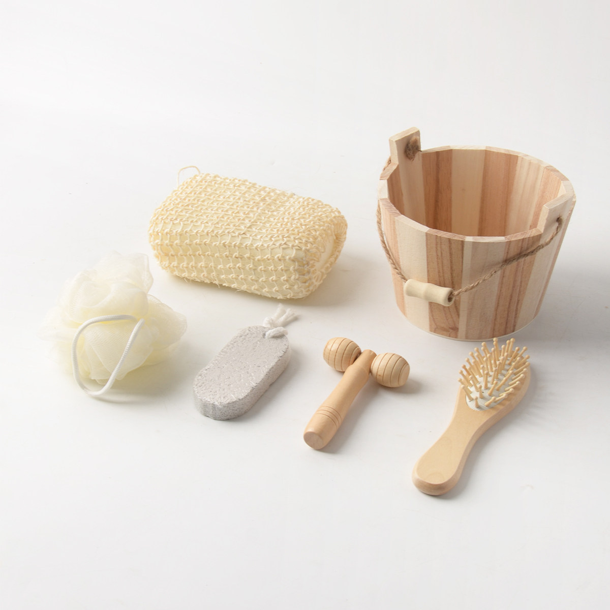 oakliving实木浴室用品套件搓澡神器浴球桶装剑麻方块梳子磨脚石