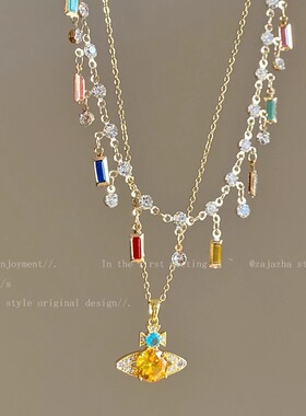 新款夏季时尚轻奢小众设计感高级彩色流苏锆石锁骨项链女饰品