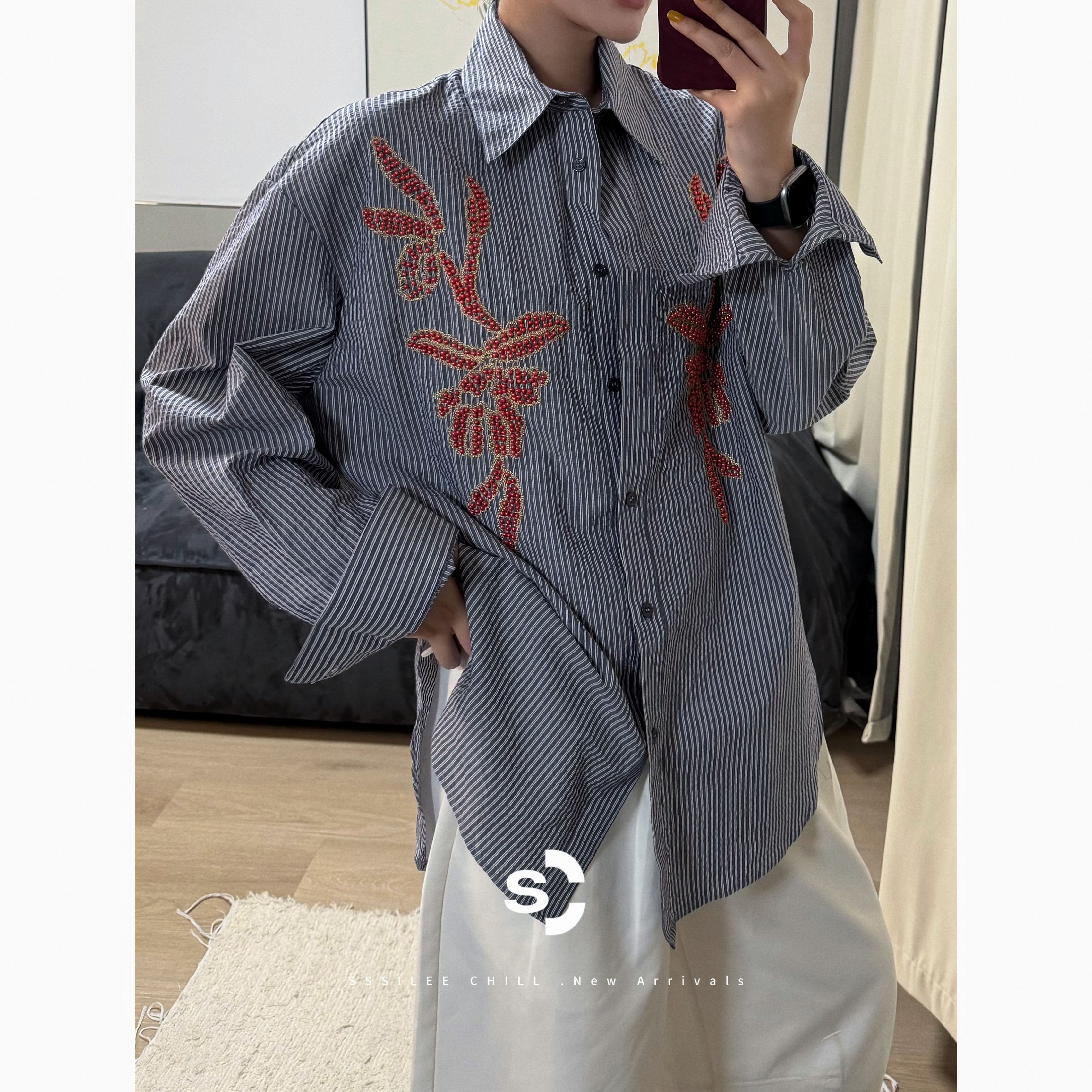 XY2604复古图腾立体毛巾刺绣条纹衬衫女内搭叠穿长袖上衣