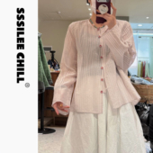 慵懒风长袖 SSSILEE 宽松圆领薄款 女春季 上衣 粉色肌理刺绣衬衫