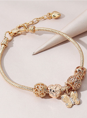 潘家手链 多拉DIY串珠跨境爆款可调节合金心形蝴蝶粘钻吊坠铜手镯