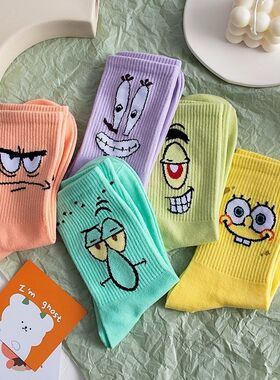 海绵宝宝表情袜男女中长筒袜网红ins潮情侣纯棉袜秋冬款学生韩版