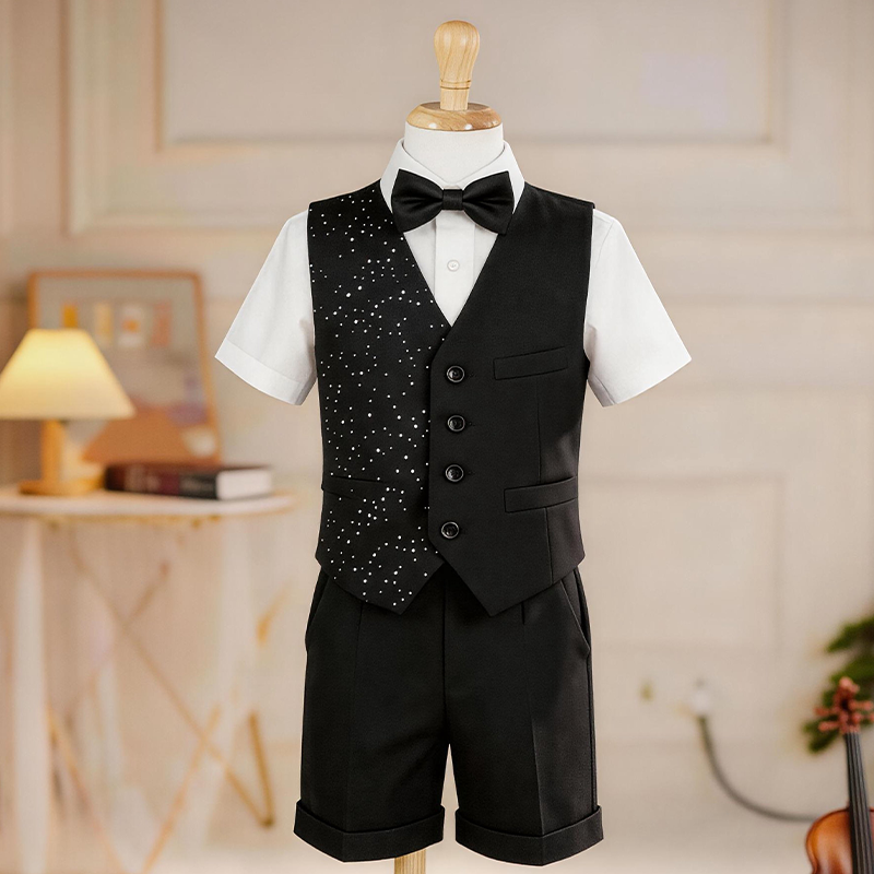 儿童礼服男童演出服西装马甲套装黑色英伦风主持人钢琴大合唱班服