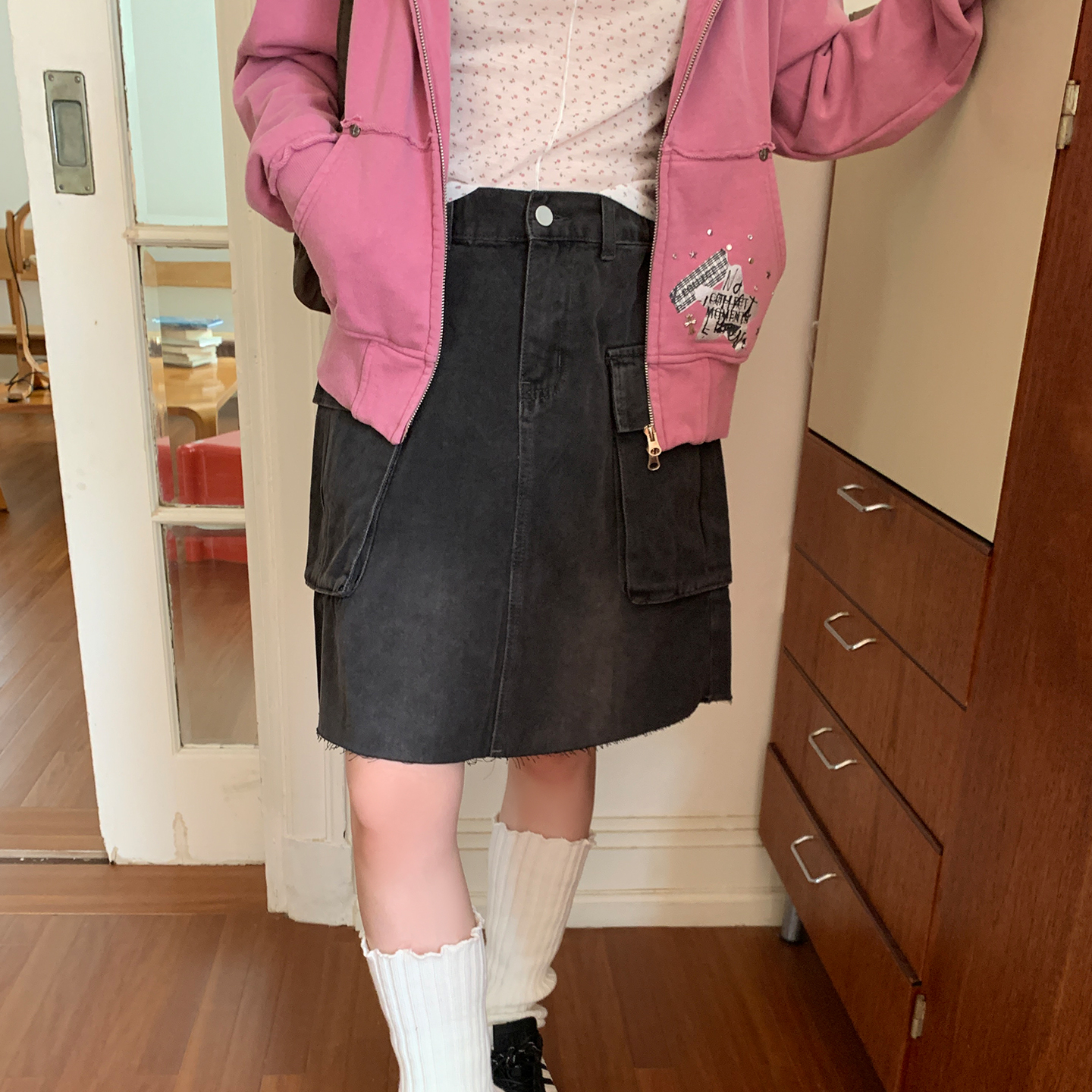 尺尺间Lsland复古水洗口袋工装半身裙女秋新款设计感高腰a字短裙