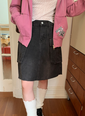 尺尺间Lsland复古水洗口袋工装半身裙女秋新款设计感高腰a字短裙
