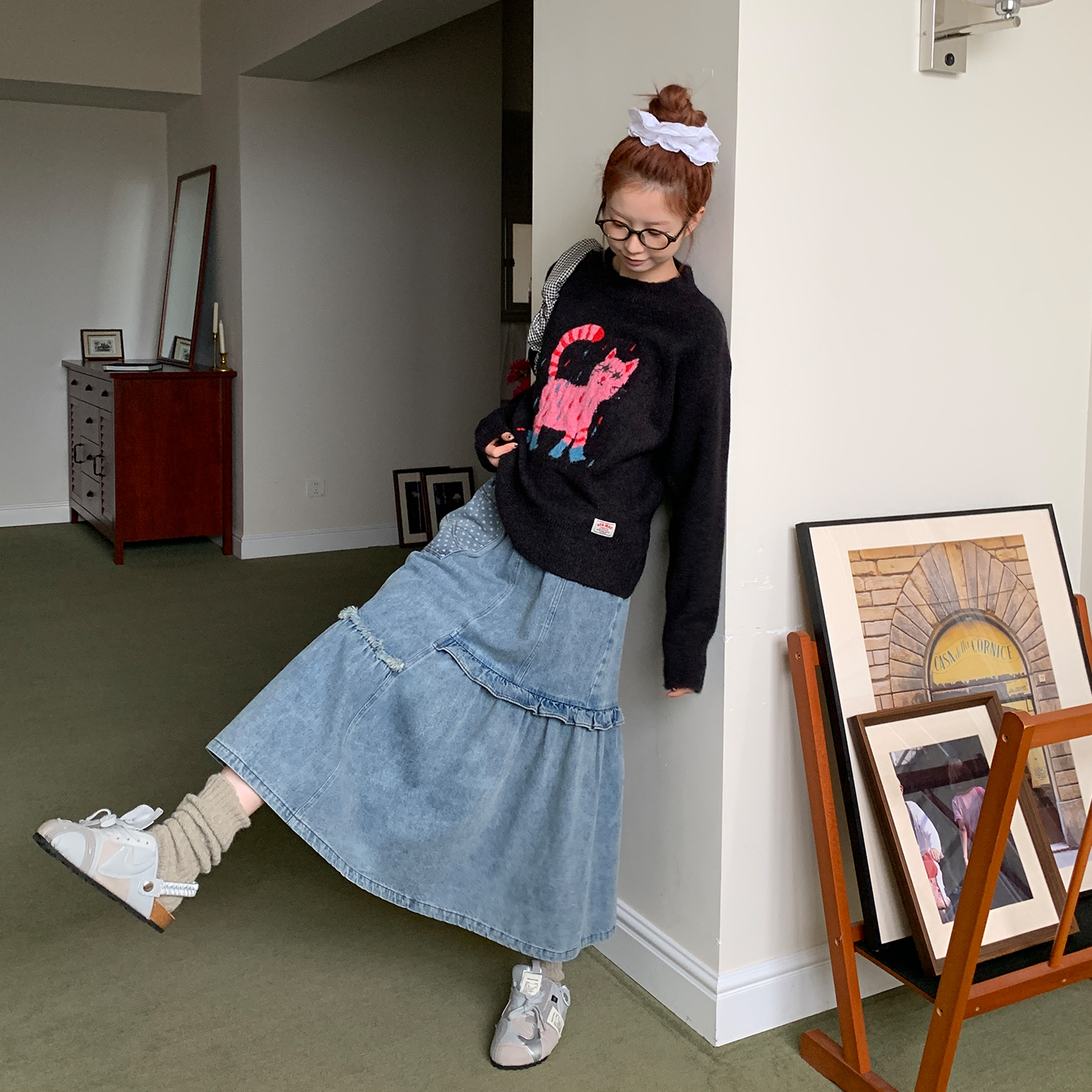 尺尺间Lsland  复古水洗做旧拼接牛仔半身裙女秋季新款设计感长裙