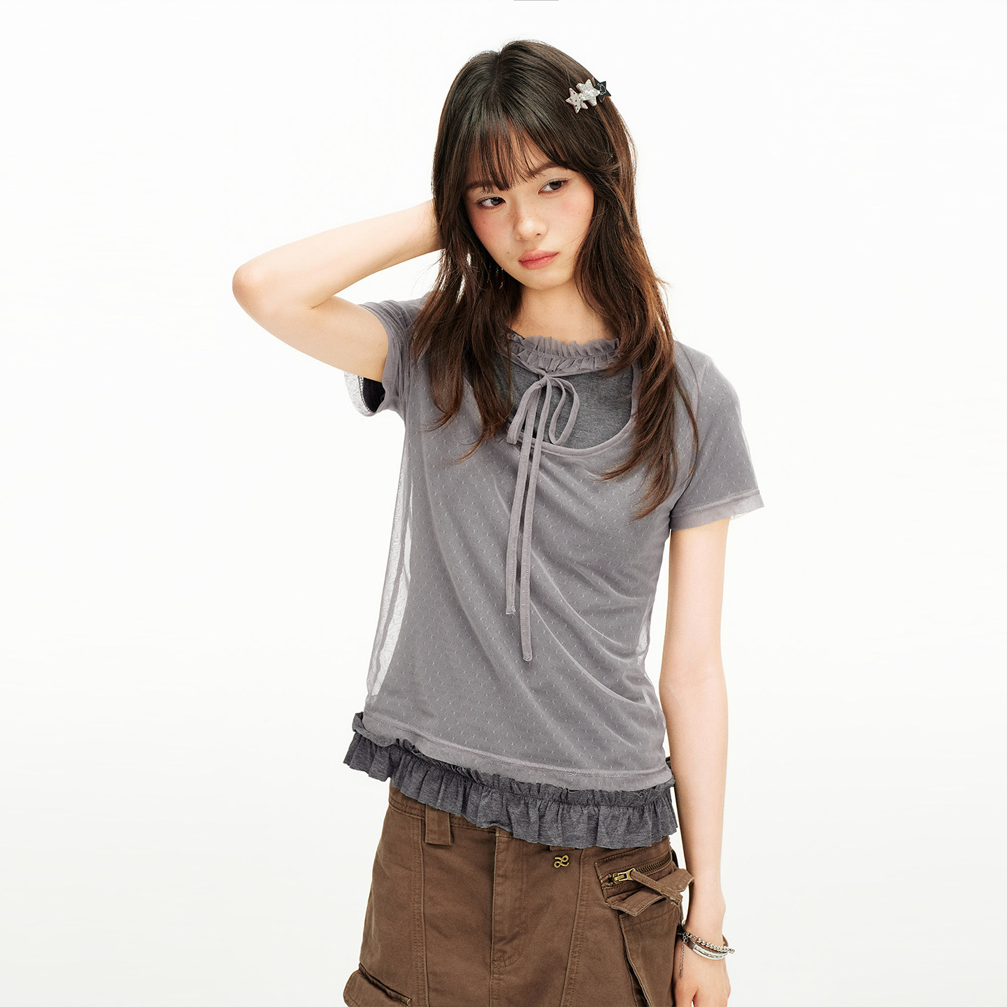 尺尺间Lsland复古木耳边圆领短袖t恤女夏季新款网纱罩衫两件套