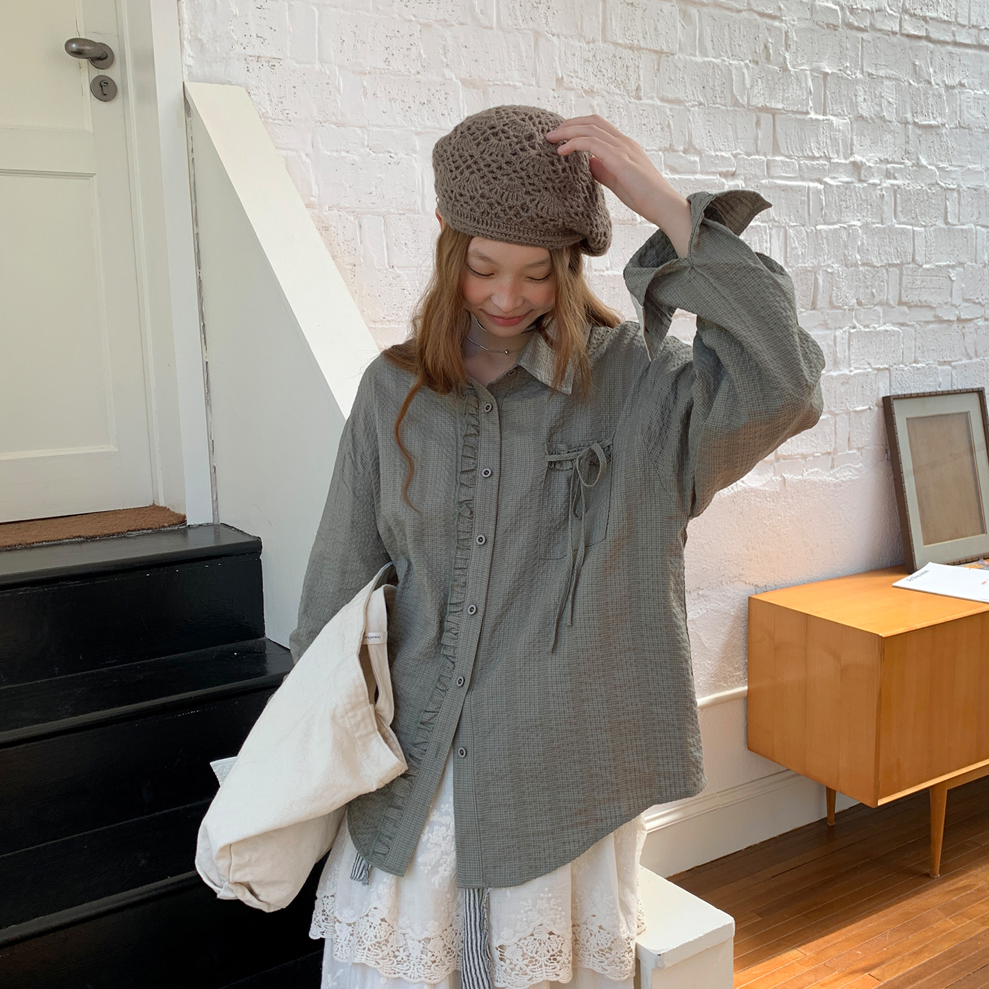 尺尺间Lsland  肌理感格纹木耳边长袖衬衫女秋季新款宽松休闲衬衣