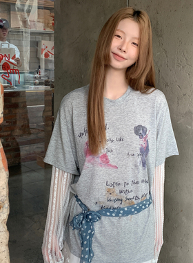 尺尺间Lsland蕾丝拼接印花假两件长袖t恤女秋季新款宽松显瘦上衣