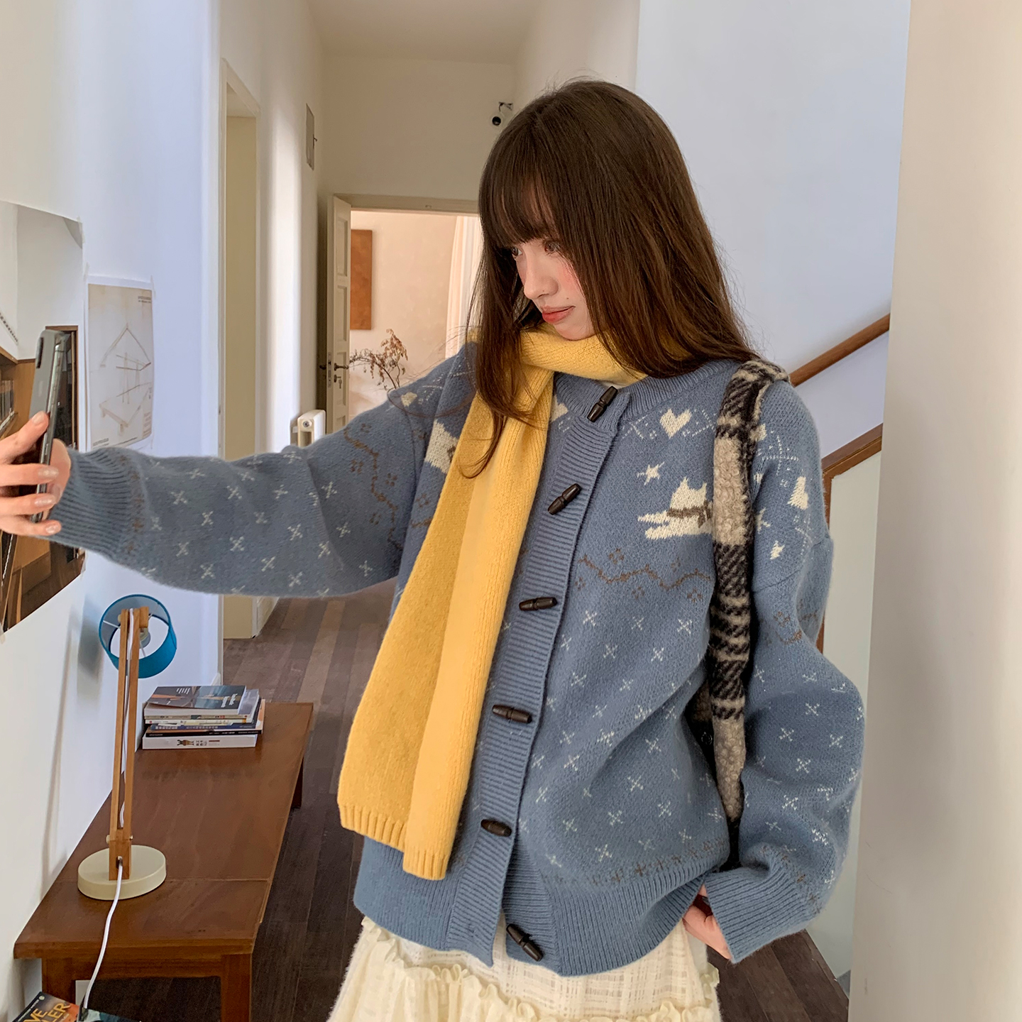 尺尺间Lsland 韩系提花费尔岛牛角扣毛衣外套女秋冬新款宽松开衫