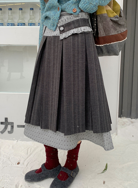 尺尺间Lsland韩系设计感拼接百褶半身裙女秋冬新款宽松a字长裙