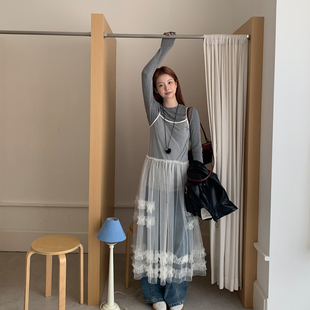 尺尺间Lsland韩系甜美网纱透视叠穿吊带罩裙女花边层次感蓬蓬长裙