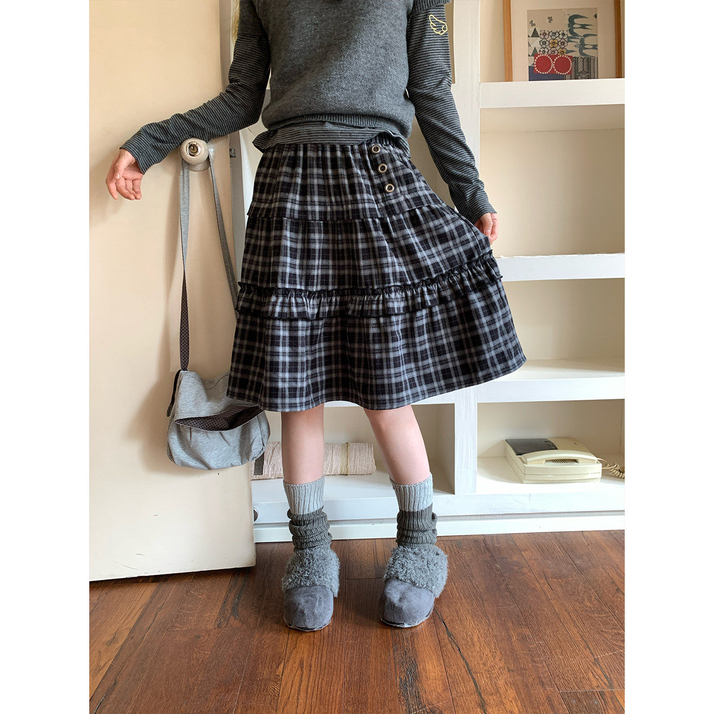 尺尺间Lsland韩系格纹木耳花边拼接褶皱半身裙女秋季新款a字中裙