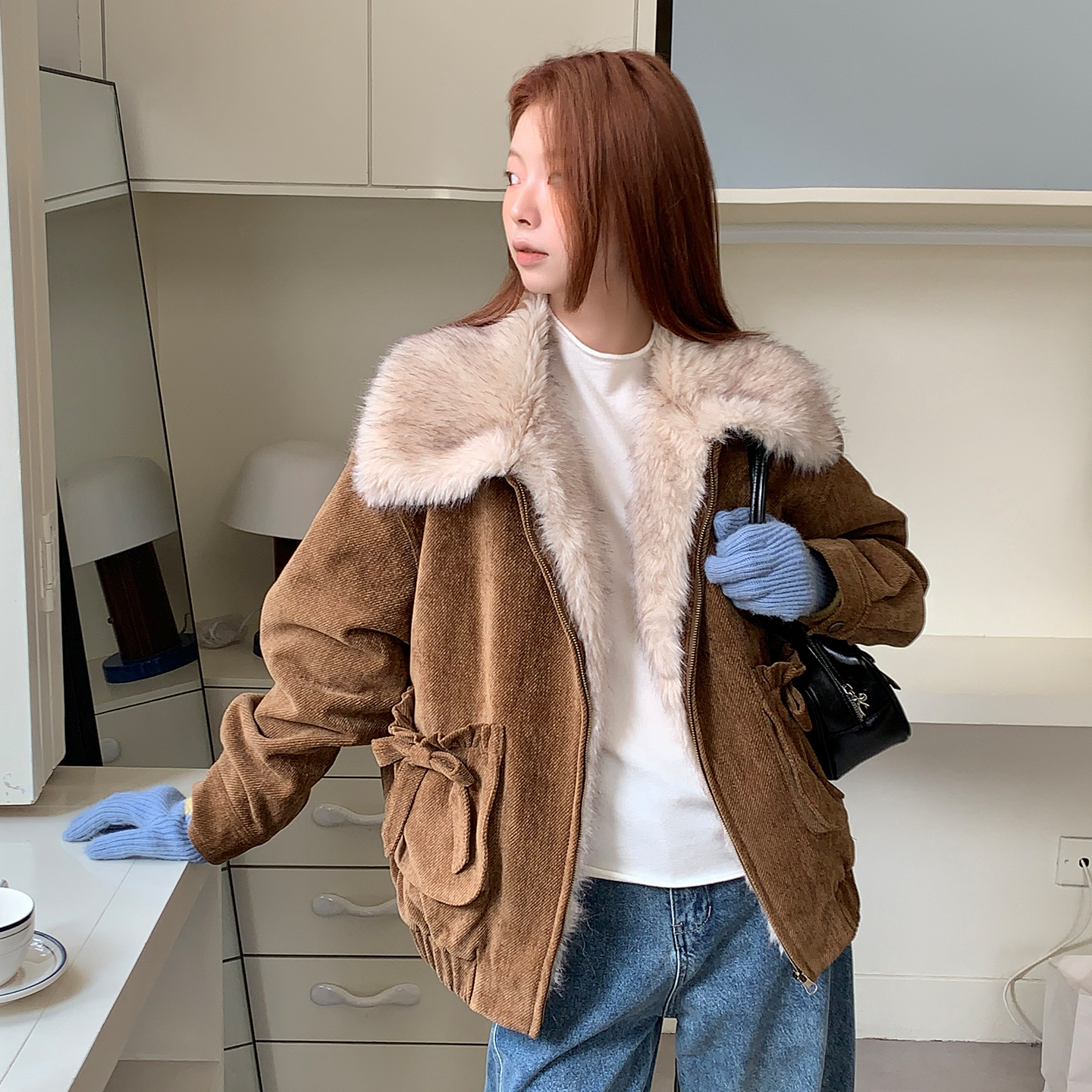 尺尺间Lsland  复古灯芯绒毛领外套女冬季新款设计感加厚保暖夹克