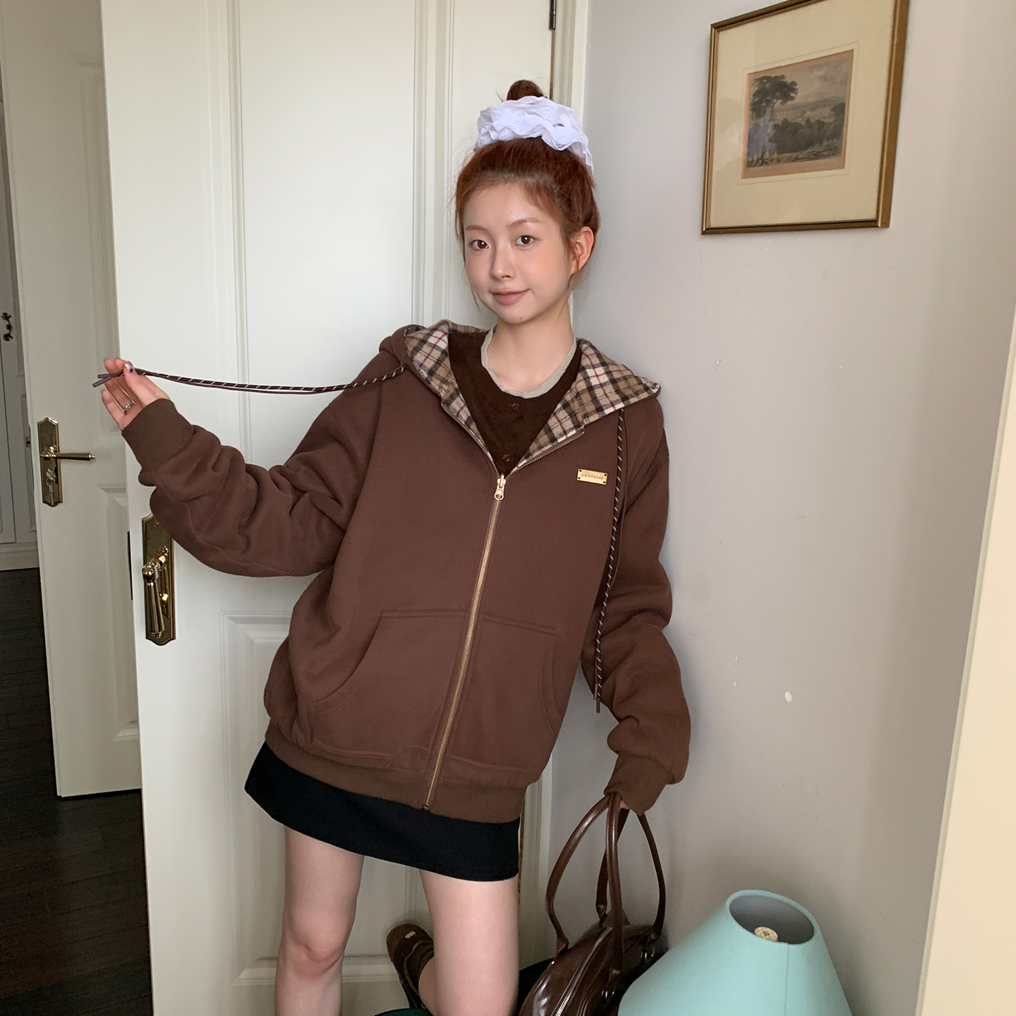 尺尺间Lsland  复古连帽卫衣外套女秋冬新款格纹两面可穿宽松上衣