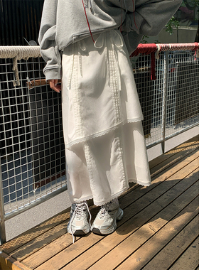 尺尺间Lsland压褶蕾丝边半身裙女春秋抽绳高腰不规则中长款蛋糕裙