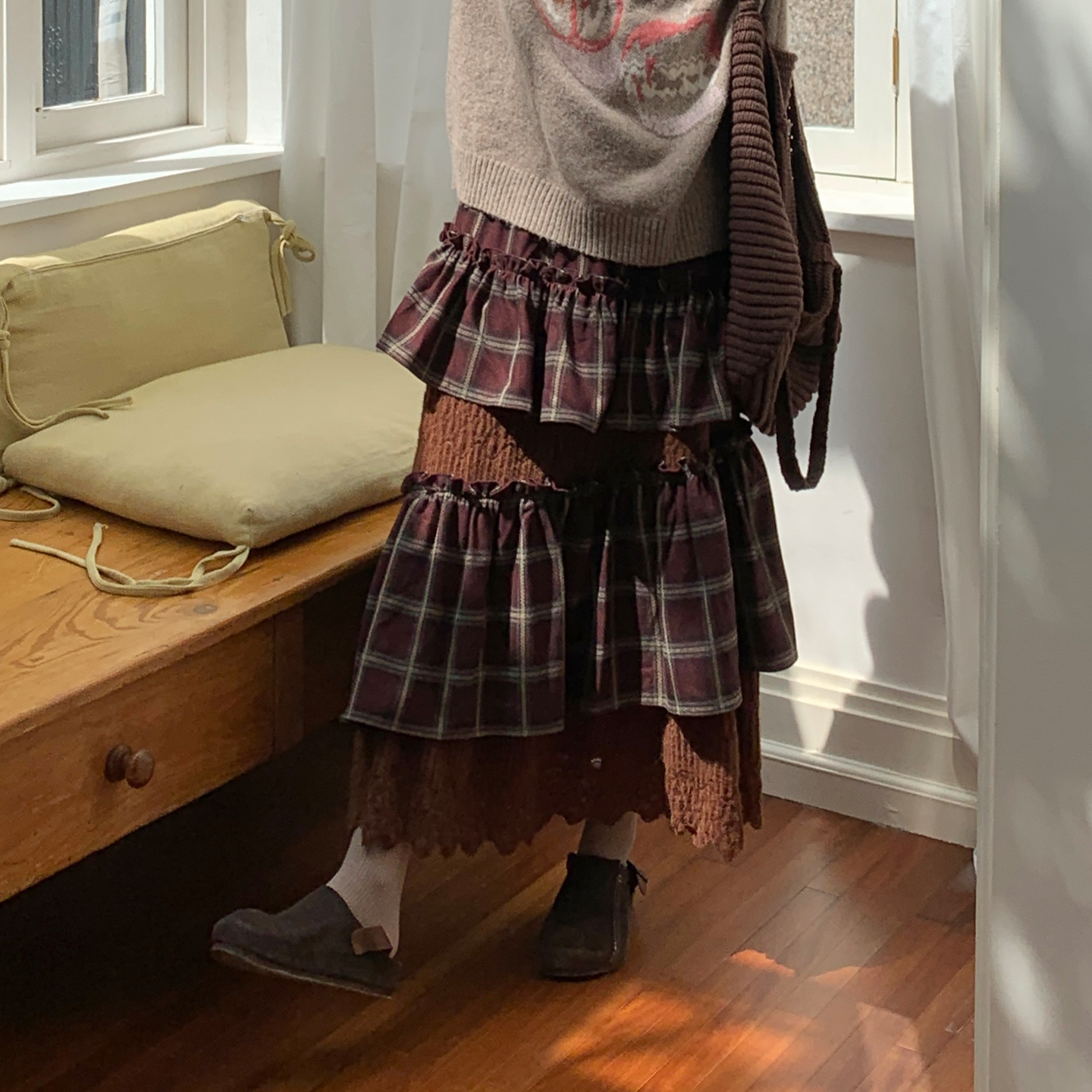 尺尺间Lsland复古格纹拼接蕾丝半身裙女秋季新款设计感多层蛋糕裙