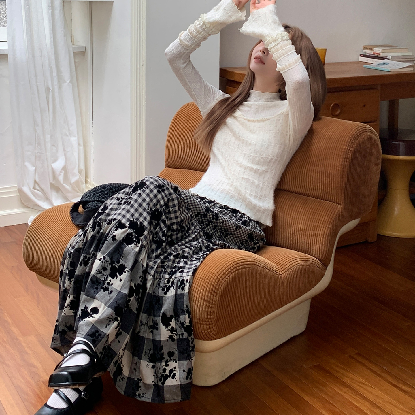 尺尺间Lsland复古格纹三层拼接半身裙女秋季新款高腰显瘦中长裙