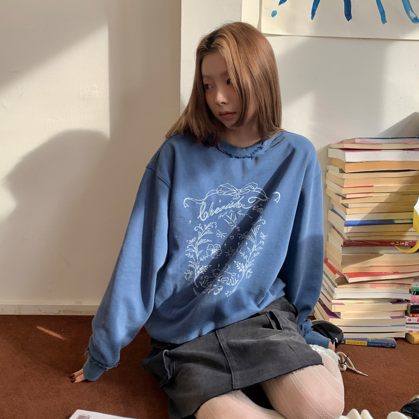 尺尺间Lsland复古水洗圆领套头卫衣女秋季新款毛边设计感宽松上衣