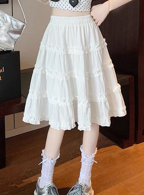 学院风白色木耳花边半身裙夏季小个子百搭短裙松紧腰A字蛋糕中裙