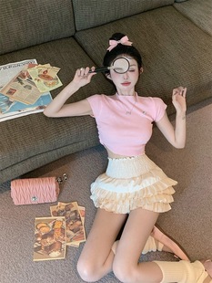 2024新款 设计感甜美杏色半身裙夏季 芭蕾风小众高腰蛋糕短裙ins女