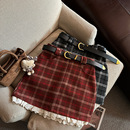 蕾丝拼接防走光半身裙秋冬复古格子毛呢A字短裙女加厚紧身包臀裙