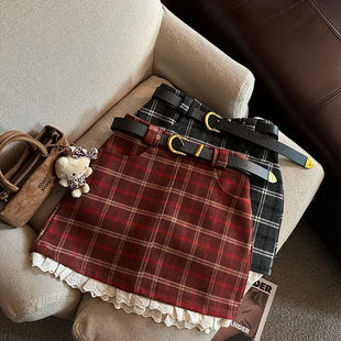 蕾丝拼接防走光半身裙秋冬复古格子毛呢A字短裙女加厚紧身包臀裙