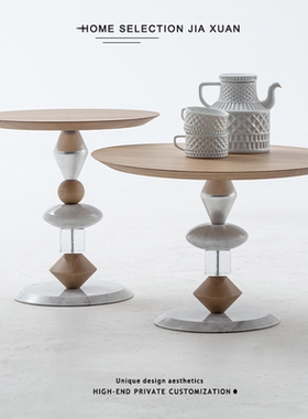 家选北欧现代简约设计师茶几家用客厅意式圆形大理石餐桌黑色边几