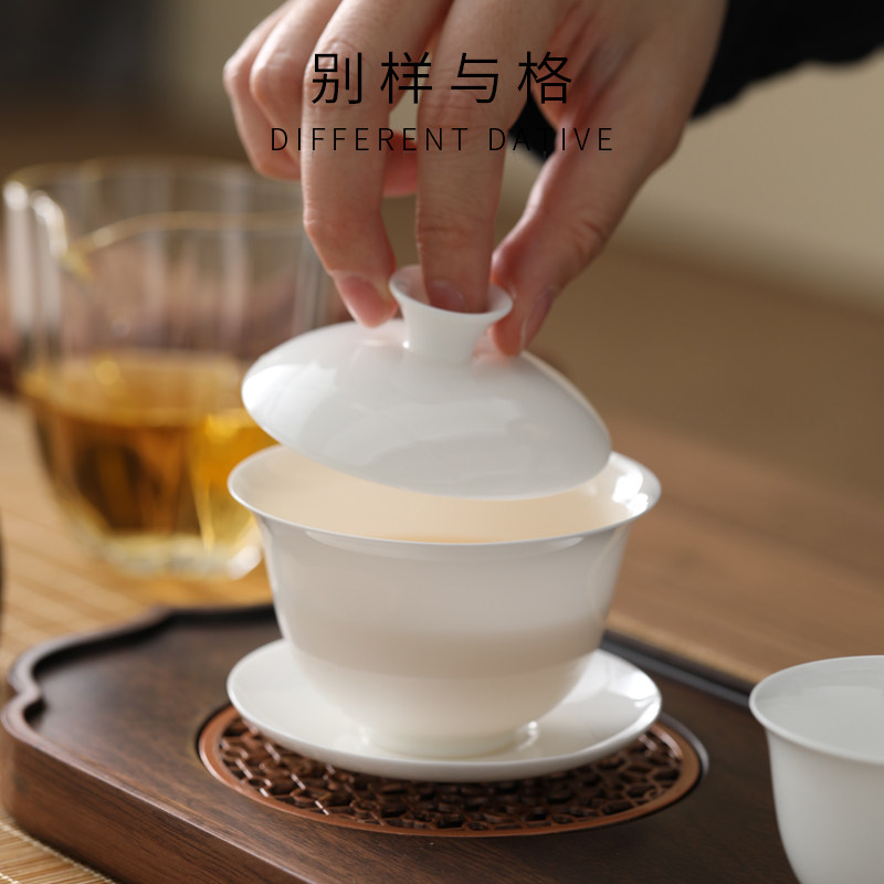 高骨瓷超薄胎大号三才盖碗茶杯功夫高端白陶瓷茶具泡茶碗带盖子单