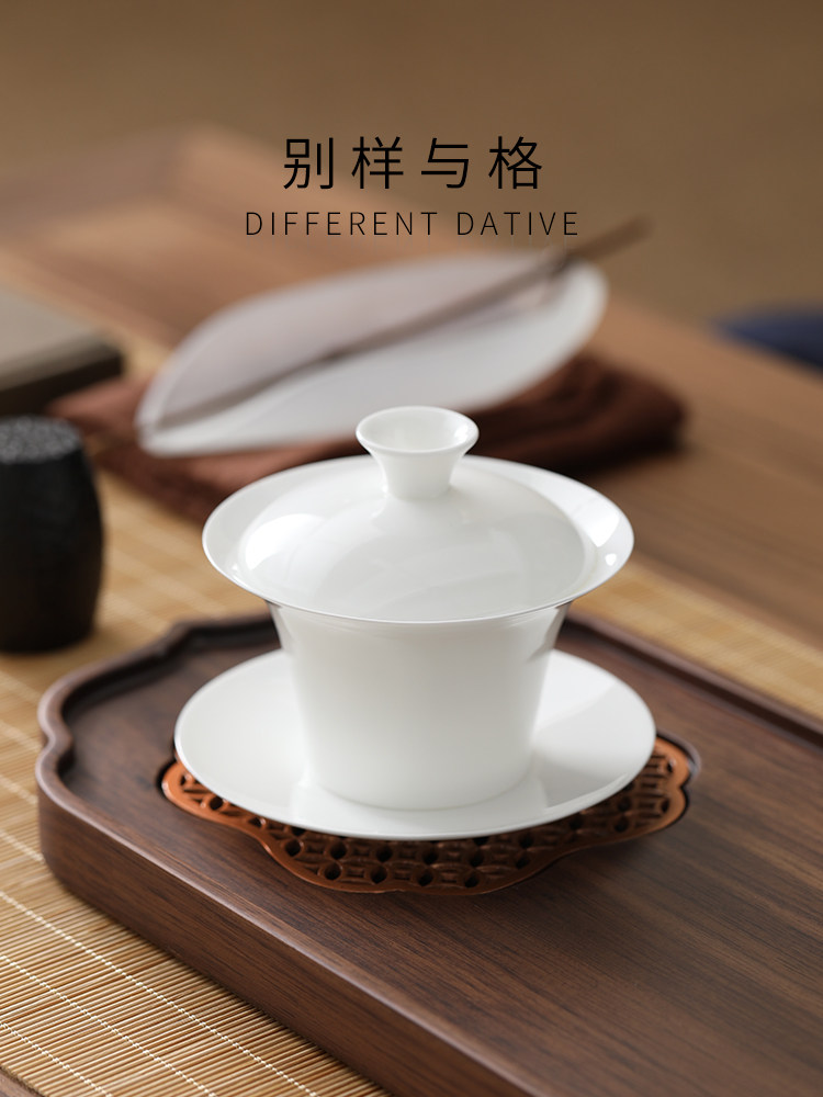 高骨瓷超薄三彩小盖碗茶杯单套高档白瓷功夫茶碗带盖茶具