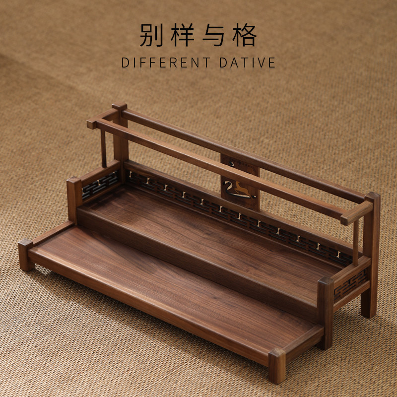 北美胡桃木茶台置物架茶壶茶具收纳层架实木双层桌面博古架茶杯架