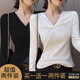 白色正肩V领扭结长袖 T恤女2025早秋新款 显瘦简约百搭螺纹洋气上衣