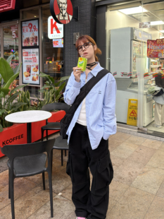 肥阿玛日系中性风蓝白条纹衬衫男女春秋宽松oversize百搭长袖衬衣